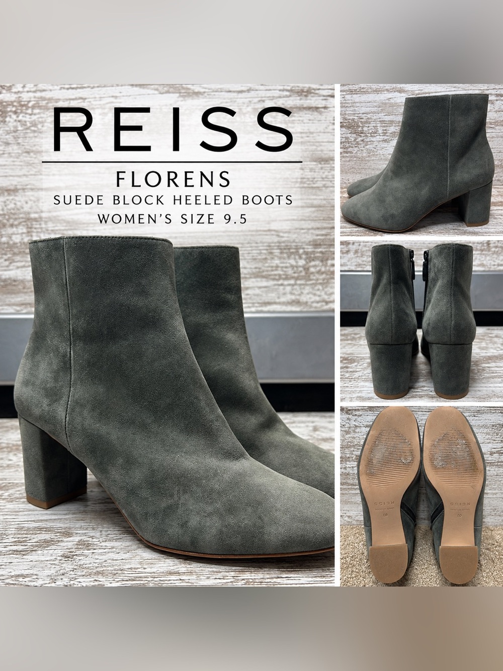REISS Florens Suede Block Heel Ankle Boots Women’s 9.5 EU 40 Gray Made Spain